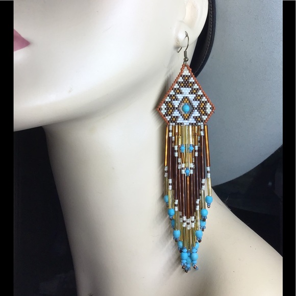 ⭐HP⭐ Beaded Handmade Brown Turquoise Long Earrings - Picture 7 of 7